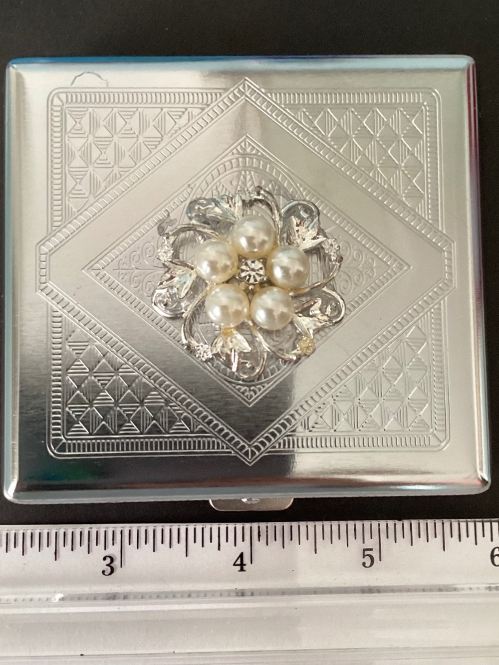 Silvertone hard metal case embellished with pearls and rhinestones…OOAK